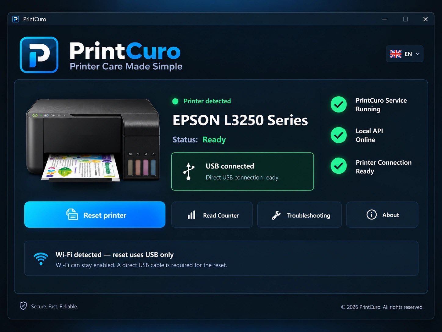 PrintCuro reset interface showing an Epson L3250 Series printer