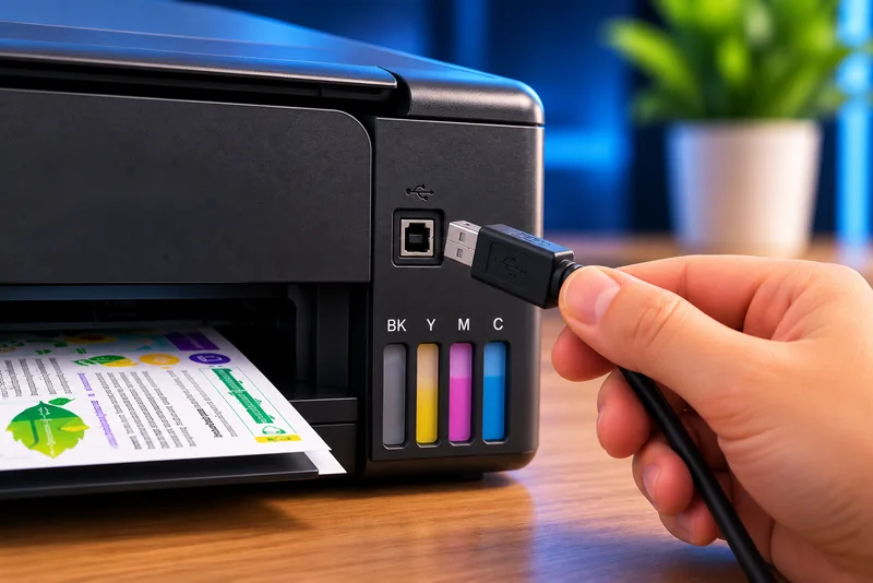 USB-B cable being connected to a supported printer